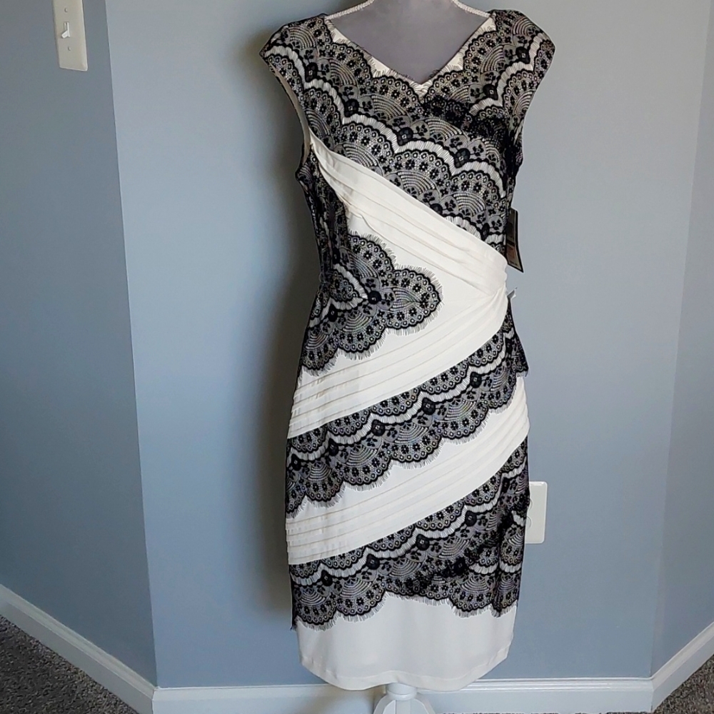 NWT Jax cocktail dress, white with black lace, Size 14